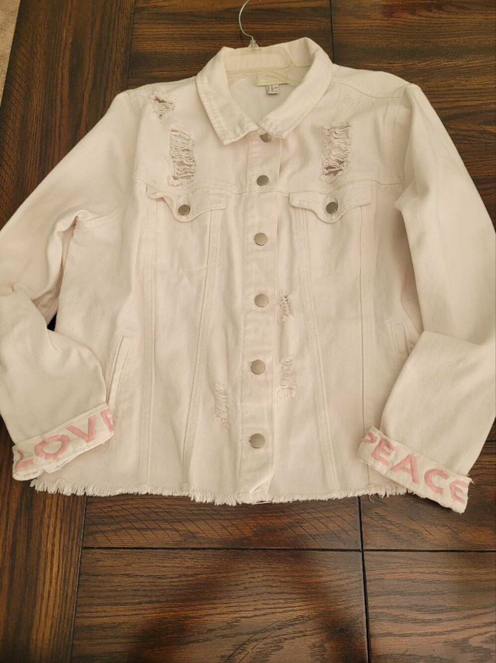 Forever 21 Plus Size 3X White Denim 100% Cotton Jacket Pink Embroidery Distress